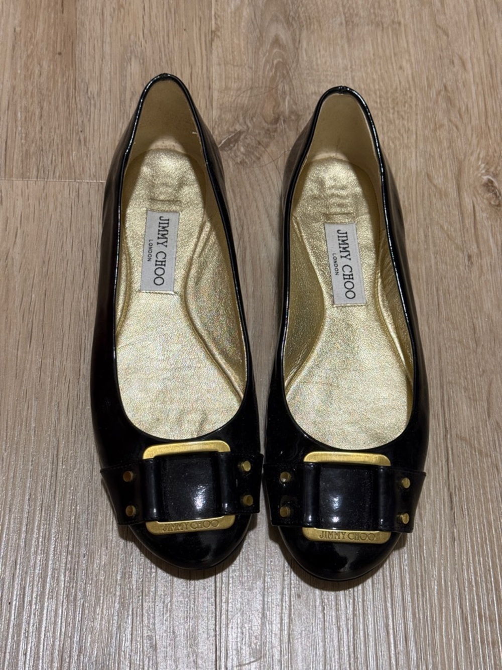 Jimmy Choo Morse Ballerinas Black Patent Leather Flats with Gold Buckle